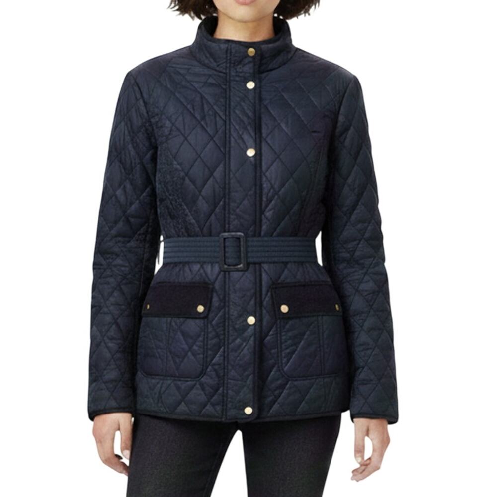 Talbots Navy Blue Quilted Belted Nylon Barn Coat Low Pile Lining 14(X) Zip Snap